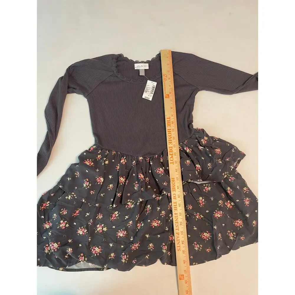 NWT the childrens place girls black dress ruffle floral skirt size 10/12 large